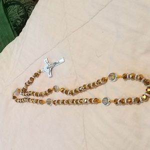 Deep Yellow  Crystal Beads Rosary Necklace Catholic Holy Center & Cross Crucifix